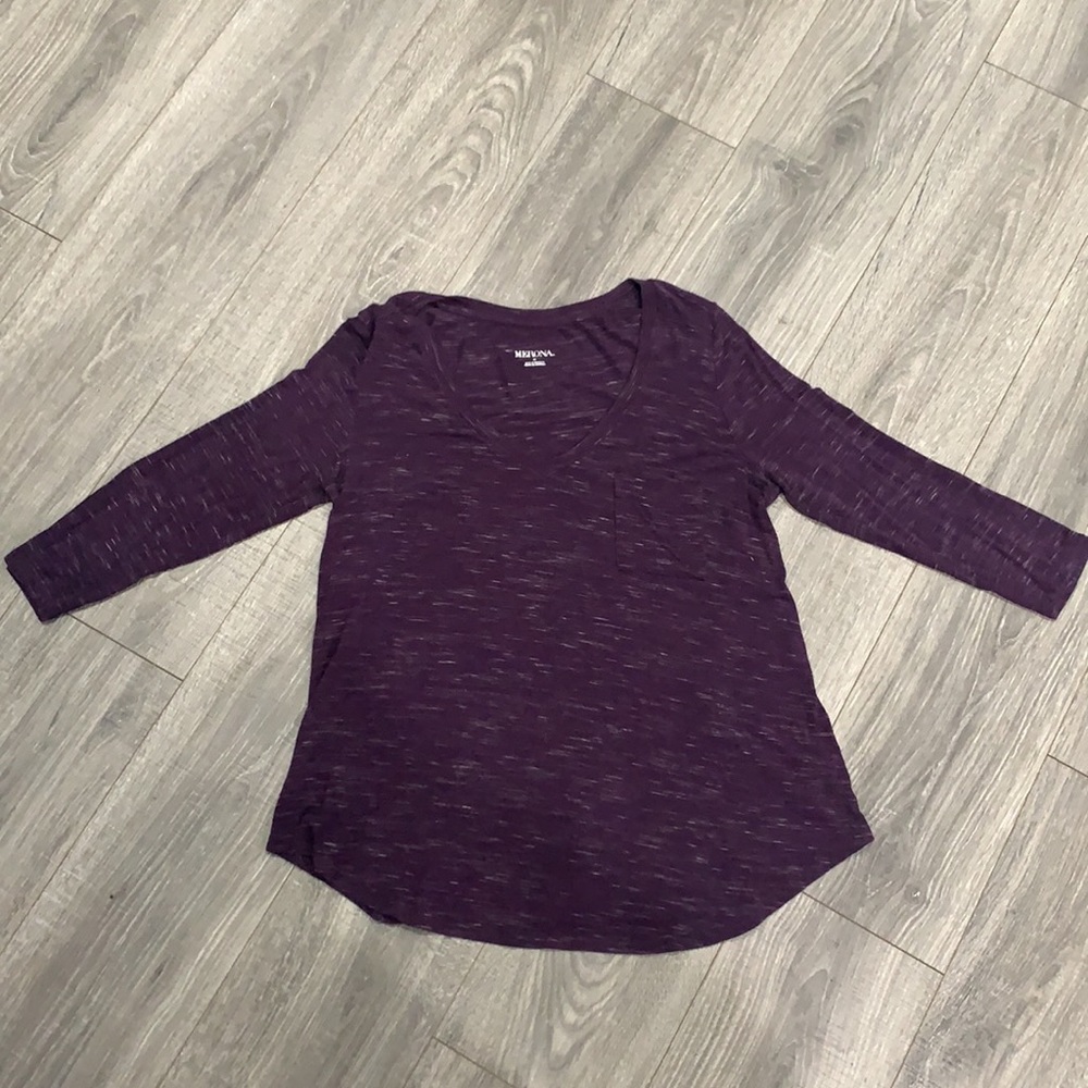 Purple long sleeve with front pocket.